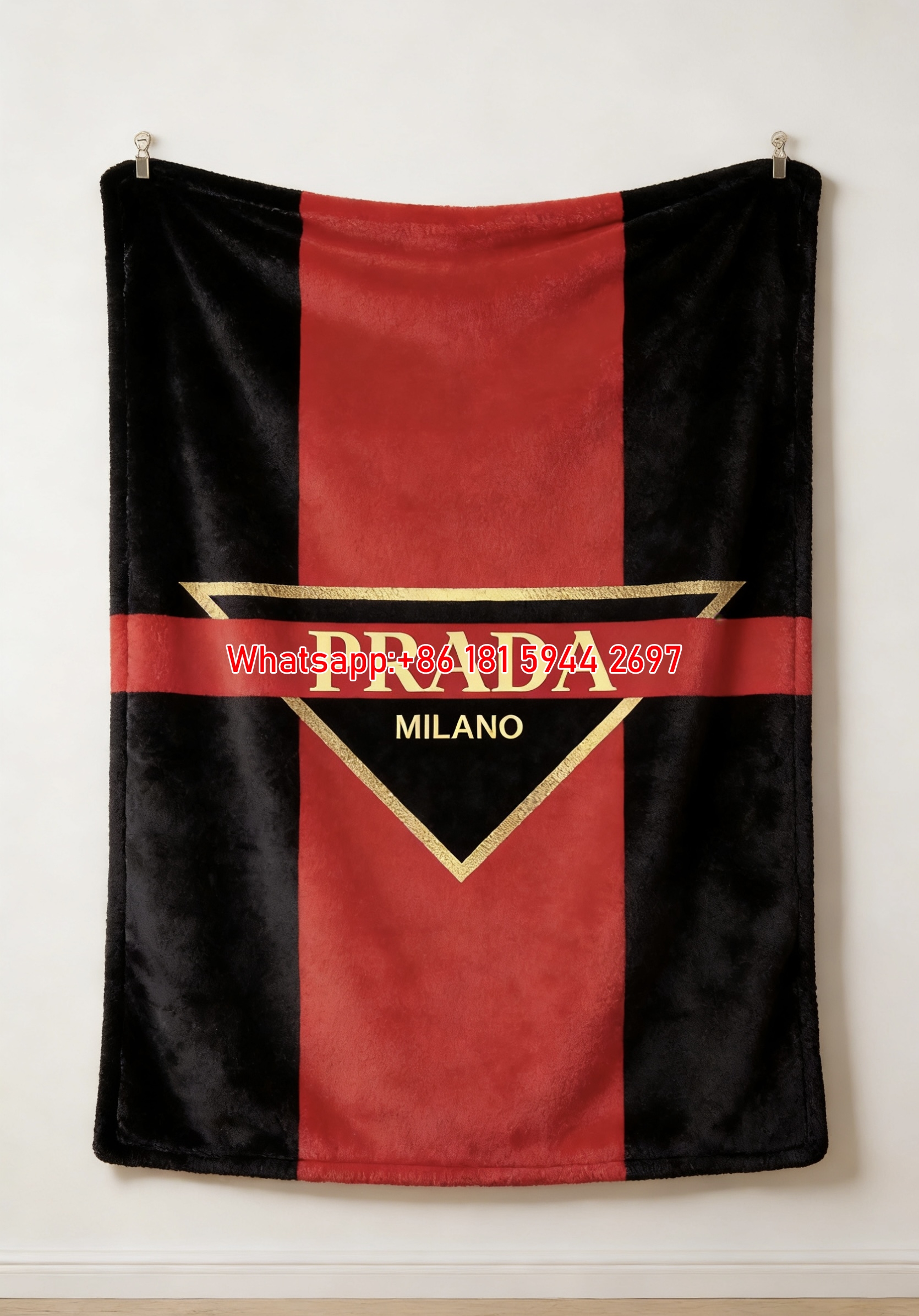 Prada Milano Red Gold Black Flannel Throw Blanket Luxury Designer Printed Sofa Cover Blanket IMG_2654